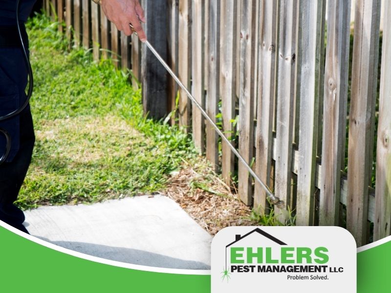 A pest control technician uses a sprayer to spray pesticide along a fence for a property management company