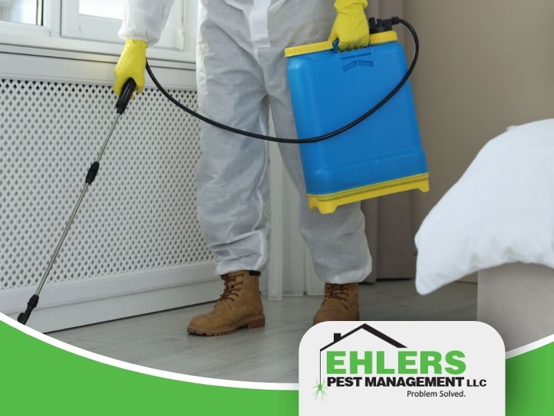 A pest control technician treats a house after an urgent pest control call.