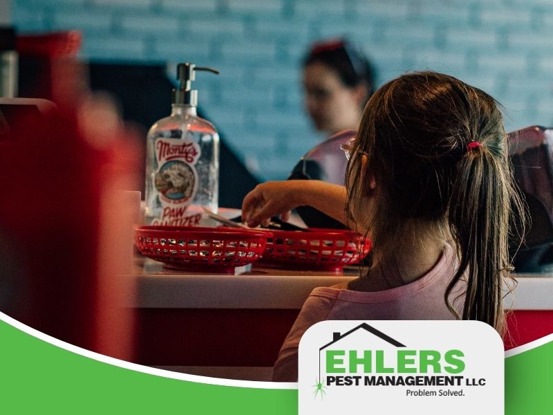 A little girl sits at the counter of a restaurant eating out of a red basket.