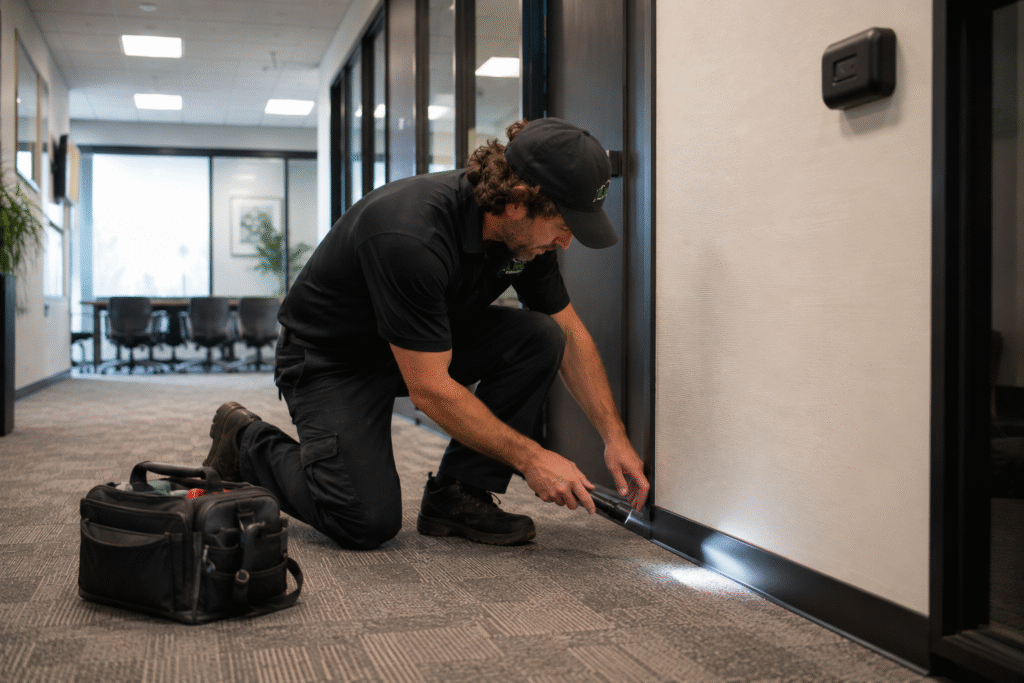 A pest control technician inspects an office building
