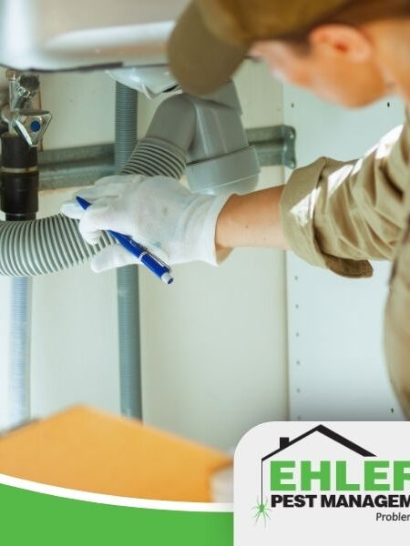 A person in uniform inspects plumbing under a sink, holding a pen, while the Ehlers Pest Management logo appears in the bottom right corner—demonstrating their commitment to thorough pest control.