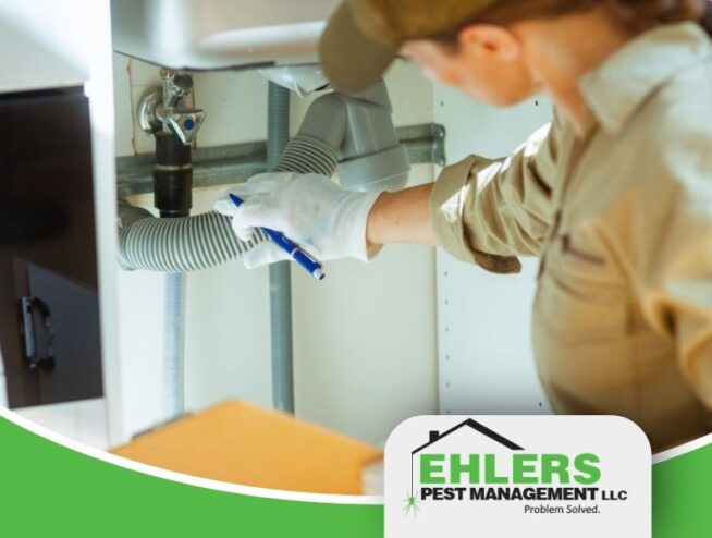 A person in uniform inspects plumbing under a sink, holding a pen, while the Ehlers Pest Management logo appears in the bottom right corner—demonstrating their commitment to thorough pest control.