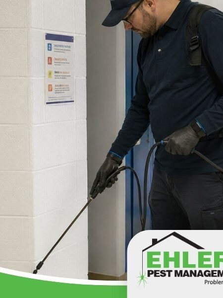 A pest control worker in uniform sprays near a wall in a hallway with blue lockers, holding a sprayer connected to a backpack tank. The Ehlers Pest Management LLC logo appears in the bottom right corner, highlighting their professional pest solutions.