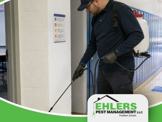 A pest control worker in uniform sprays near a wall in a hallway with blue lockers, holding a sprayer connected to a backpack tank. The Ehlers Pest Management LLC logo appears in the bottom right corner, highlighting their professional pest solutions.