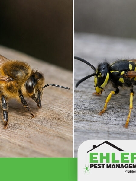 Close-up photos of a honeybee on the left and a wasp on the right, both resting on wooden surfaces, highlight the need for professional bee and wasp removal. At the bottom is the Ehlers Pest Management LLC logo.