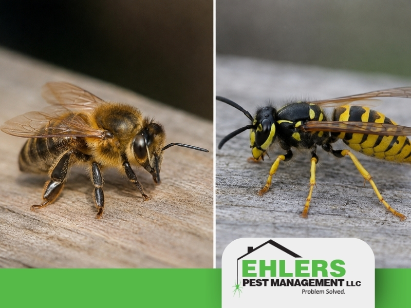 Close-up photos of a honeybee on the left and a wasp on the right, both resting on wooden surfaces, highlight the need for professional bee and wasp removal. At the bottom is the Ehlers Pest Management LLC logo.