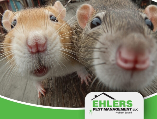 Two curious rats with noses close to the camera lens, appearing playful—a subtle reminder of the importance of rodent exclusion. The Ehlers Pest Management LLC logo is in the lower right corner of the image.