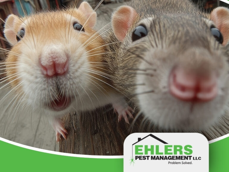 Two curious rats with noses close to the camera lens, appearing playful—a subtle reminder of the importance of rodent exclusion. The Ehlers Pest Management LLC logo is in the lower right corner of the image.
